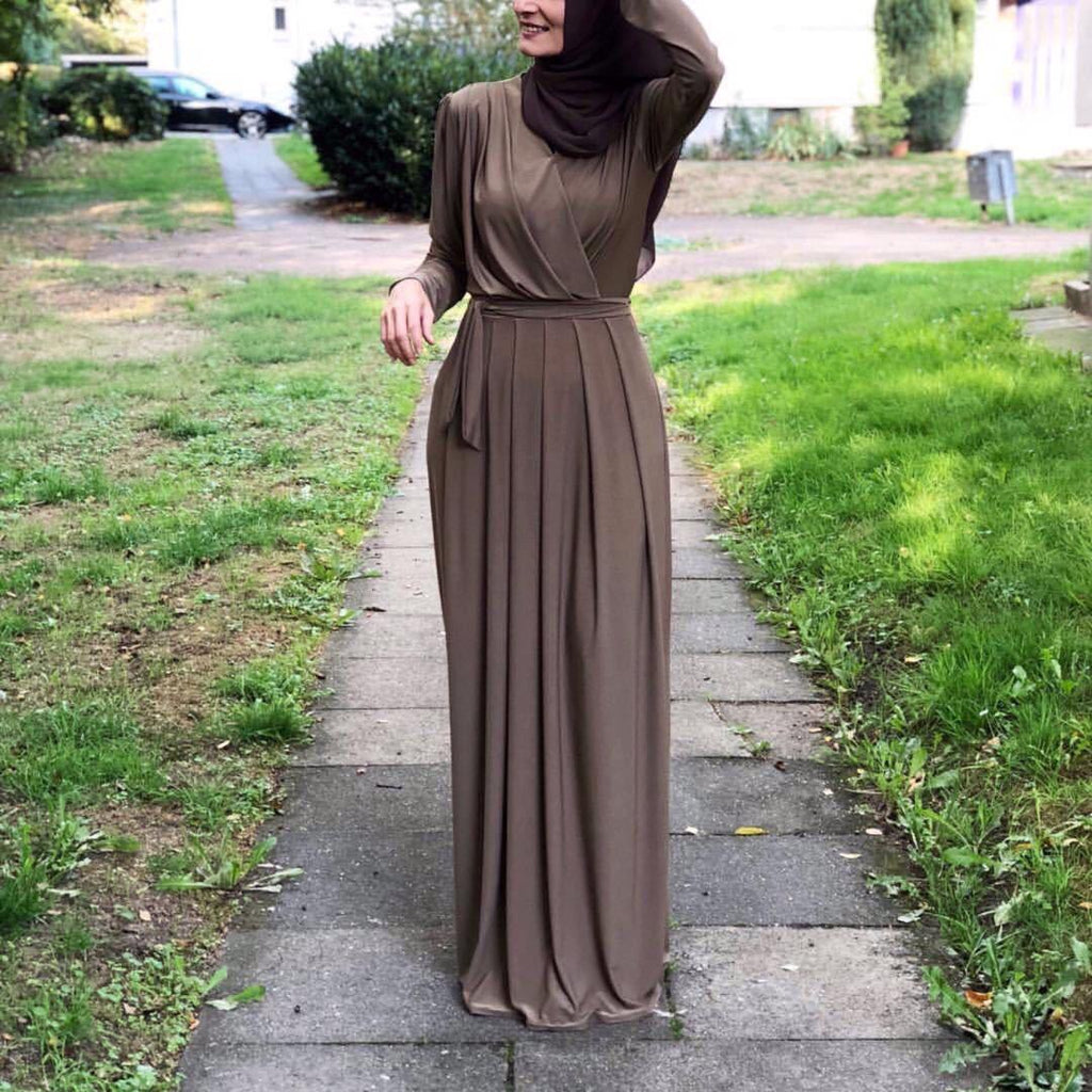 European And American New Style Abaya Dress V-neck Folds And mMopping Floor Skirt - melvincucci