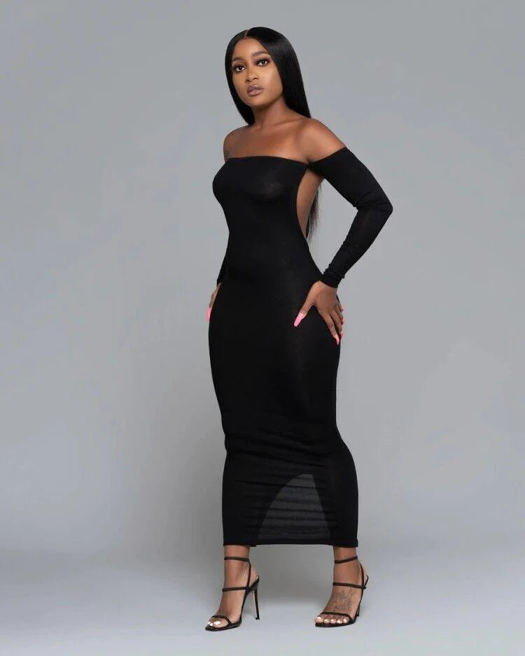 European And American Solid Color Black Mid-waist Dress - melvincucci