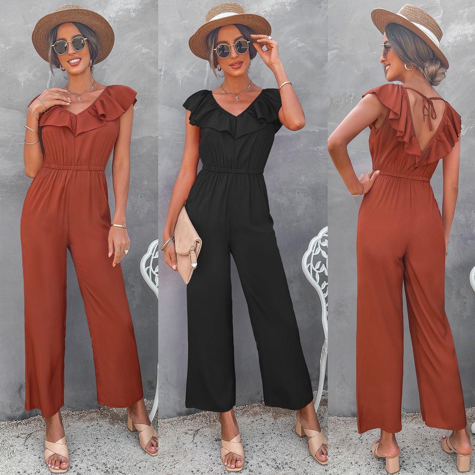 European And American Women's Solid Color Open Back Jumpsuit Summer Off Shoulder Casual Sundress Women Beachwear Jumpsuit Ruffle High Waist Jumpsuits Female Overalls Body Mujer - melvincucci