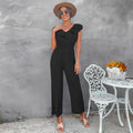 European And American Women's Solid Color Open Back Jumpsuit Summer Off Shoulder Casual Sundress Women Beachwear Jumpsuit Ruffle High Waist Jumpsuits Female Overalls Body Mujer - melvincucci