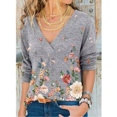 European And American Women's V-neck Pullover Printing Long-sleeved Top T-shirt Women - melvincucci