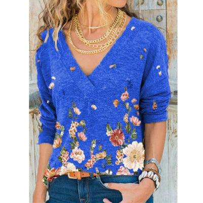 European And American Women's V-neck Pullover Printing Long-sleeved Top T-shirt Women - melvincucci