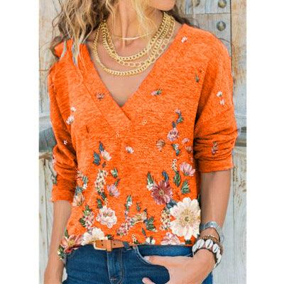 European And American Women's V-neck Pullover Printing Long-sleeved Top T-shirt Women - melvincucci