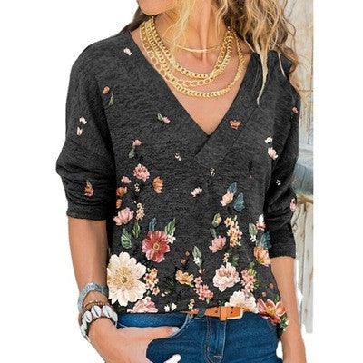 European And American Women's V-neck Pullover Printing Long-sleeved Top T-shirt Women - melvincucci