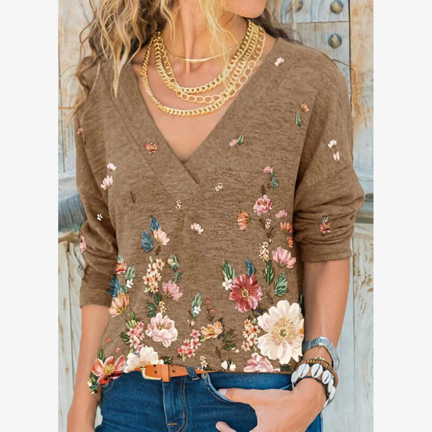 European And American Women's V-neck Pullover Printing Long-sleeved Top T-shirt Women - melvincucci