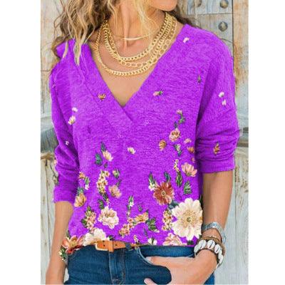 European And American Women's V-neck Pullover Printing Long-sleeved Top T-shirt Women - melvincucci