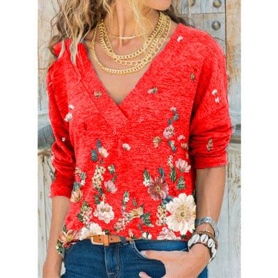 European And American Women's V-neck Pullover Printing Long-sleeved Top T-shirt Women - melvincucci