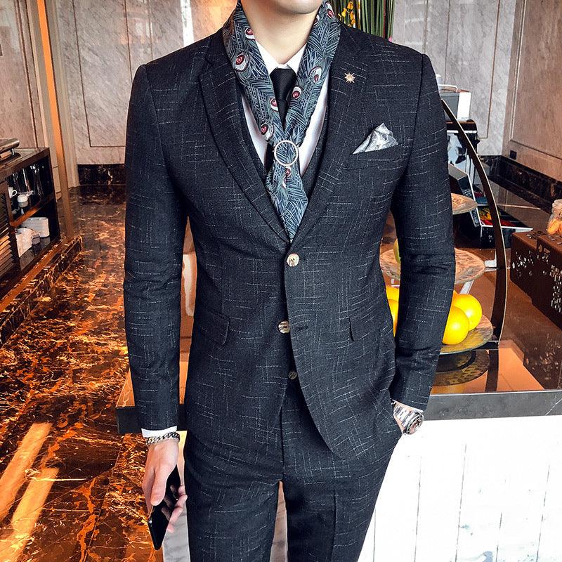 Slim-fit Three-piece Suit With Dark Pattern Business Casual - melvincucci