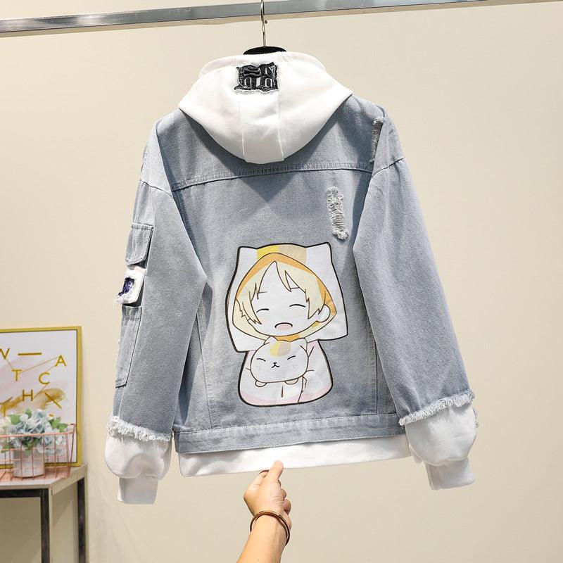 Fake Two-piece Hooded Denim Jacket Women All-match Loose - melvincucci