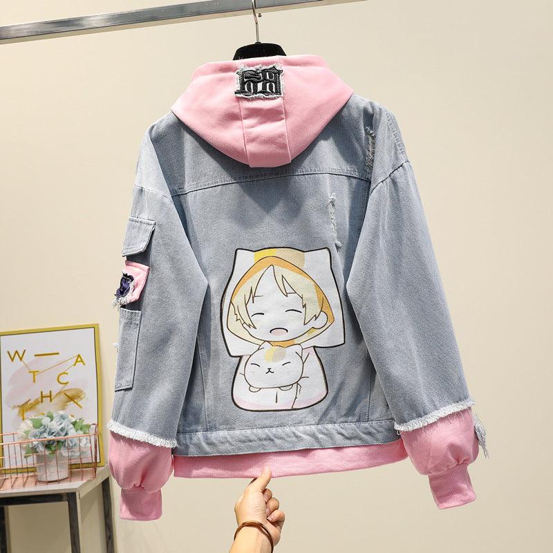 Fake Two-piece Hooded Denim Jacket Women All-match Loose - melvincucci