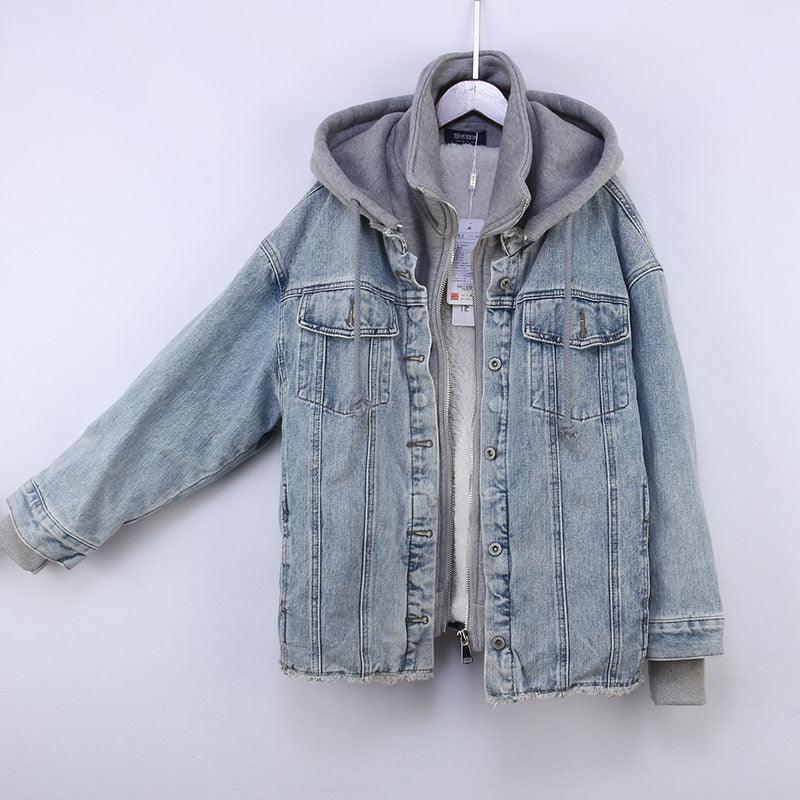 Fake Two-piece Hooded Faux Lamb Wool Denim Jacket Women - melvincucci