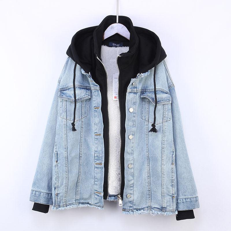 Fake Two-piece Hooded Faux Lamb Wool Denim Jacket Women - melvincucci