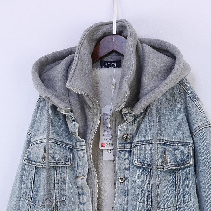Fake Two-piece Hooded Faux Lamb Wool Denim Jacket Women - melvincucci
