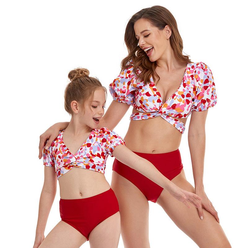 Family Matching Outfits Mommy and Me Bikini Swimwear Puff Sleeve Swimsuit Fashion Mother Daughter Swimwear Beachwear Clothes Set - melvincucci