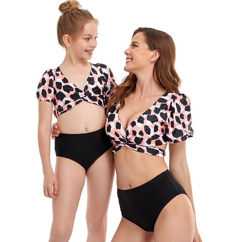 Family Matching Outfits Mommy and Me Bikini Swimwear Puff Sleeve Swimsuit Fashion Mother Daughter Swimwear Beachwear Clothes Set - melvincucci