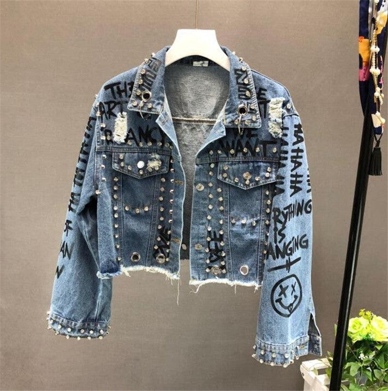 Fashion Diamond Beads Graffiti Printed Design Short Denim Jacket Coat Casual Women Cowboy Jeans Coats Outerwear - melvincucci