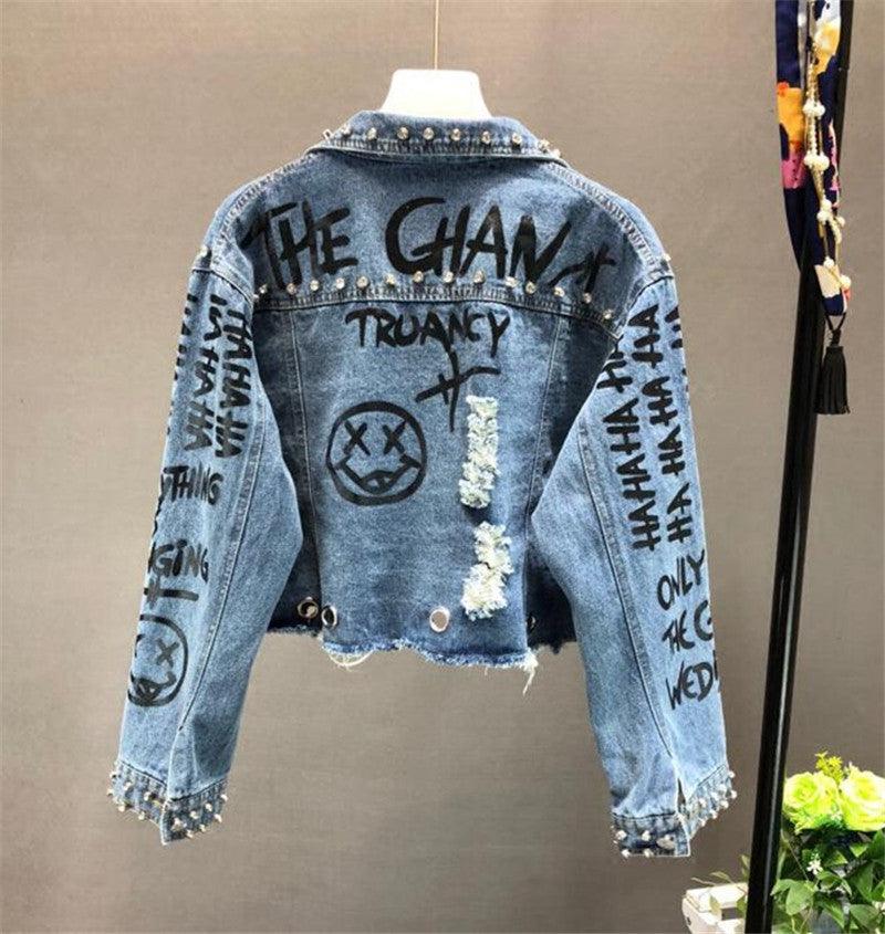 Fashion Diamond Beads Graffiti Printed Design Short Denim Jacket Coat Casual Women Cowboy Jeans Coats Outerwear - melvincucci