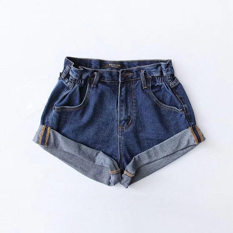 Fashion Five-color Elastic Waist Rolled Edge Denim Shorts Women - melvincucci