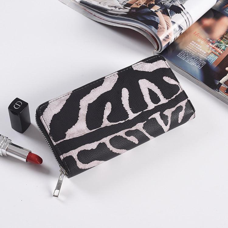Fashion Long Zipper Women Wallets Bright Leather Black and White Wallet Wallet Prismatic Bag Flower Corner Clutch Bag Purse - melvincucci