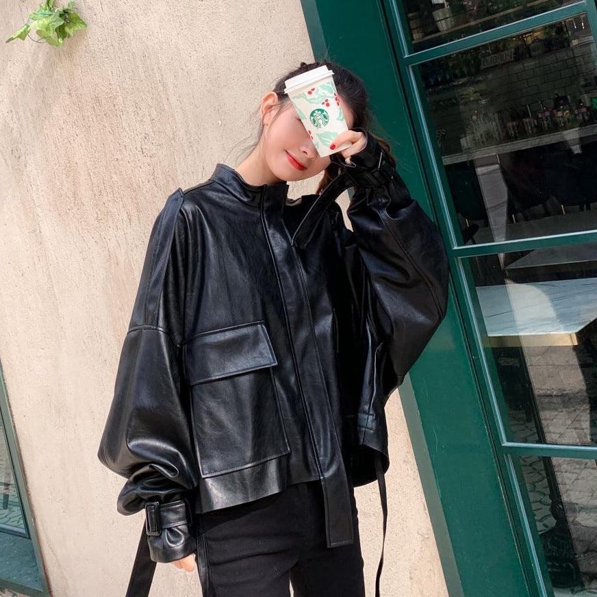 Fashion Retro Loose Collar Style Leather Jacket Women - melvincucci