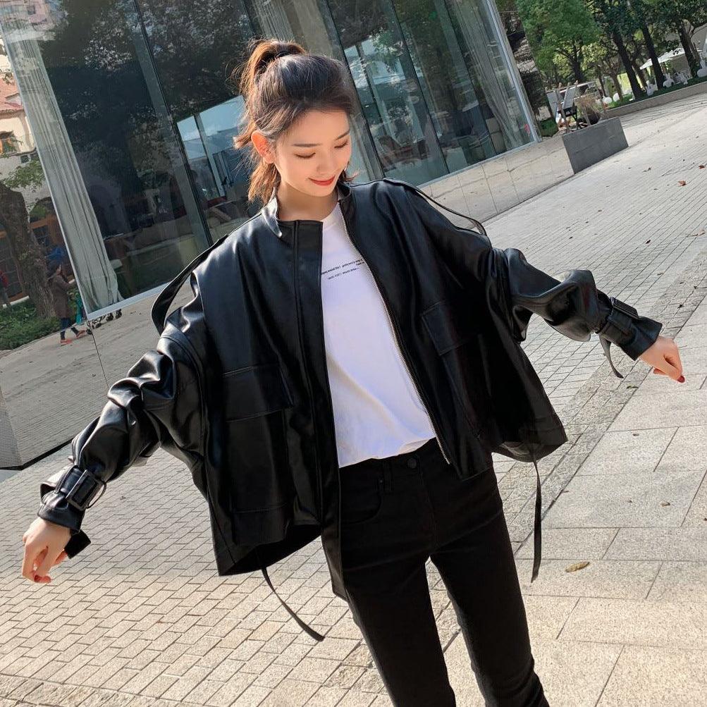 Fashion Retro Loose Collar Style Leather Jacket Women - melvincucci