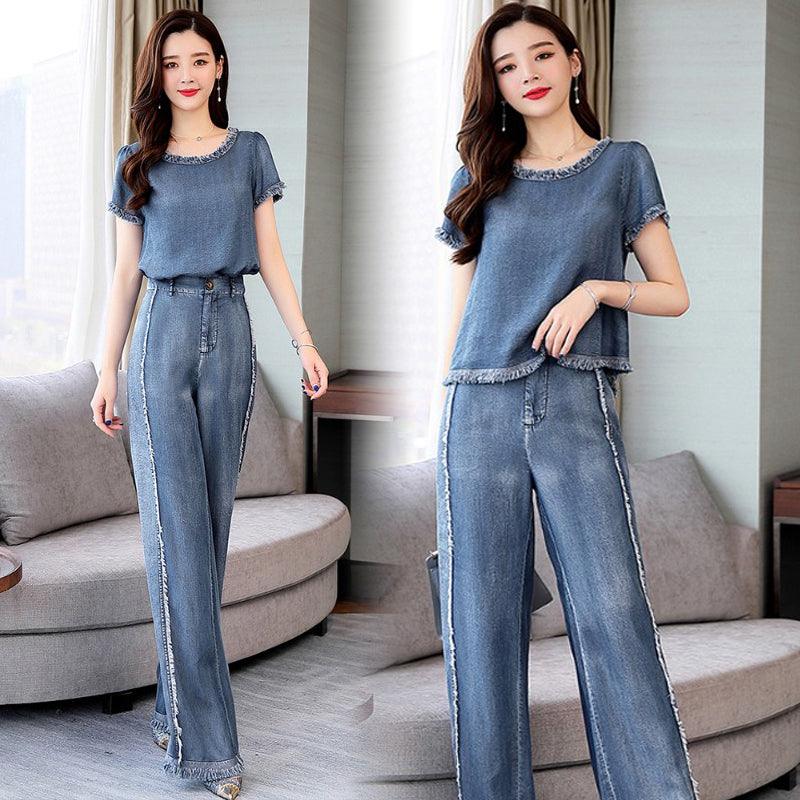 Fashion Slim Denim Wide Leg Pants Two-piece Women - melvincucci