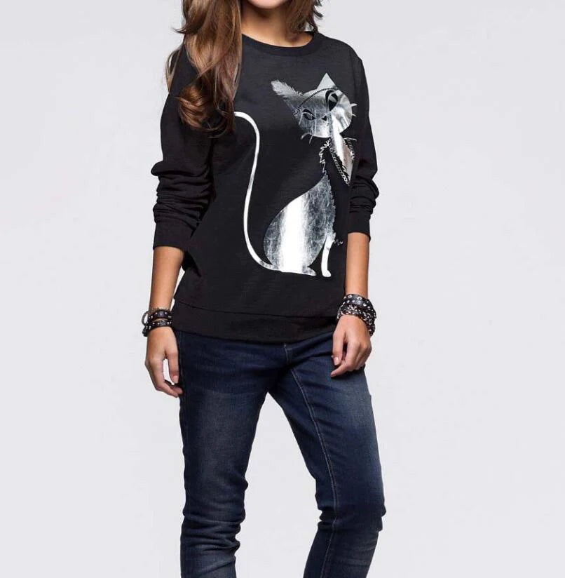 Fashion Women Cotton Cat Long Sleeve Loose Hoodie Sweatshirt - melvincucci