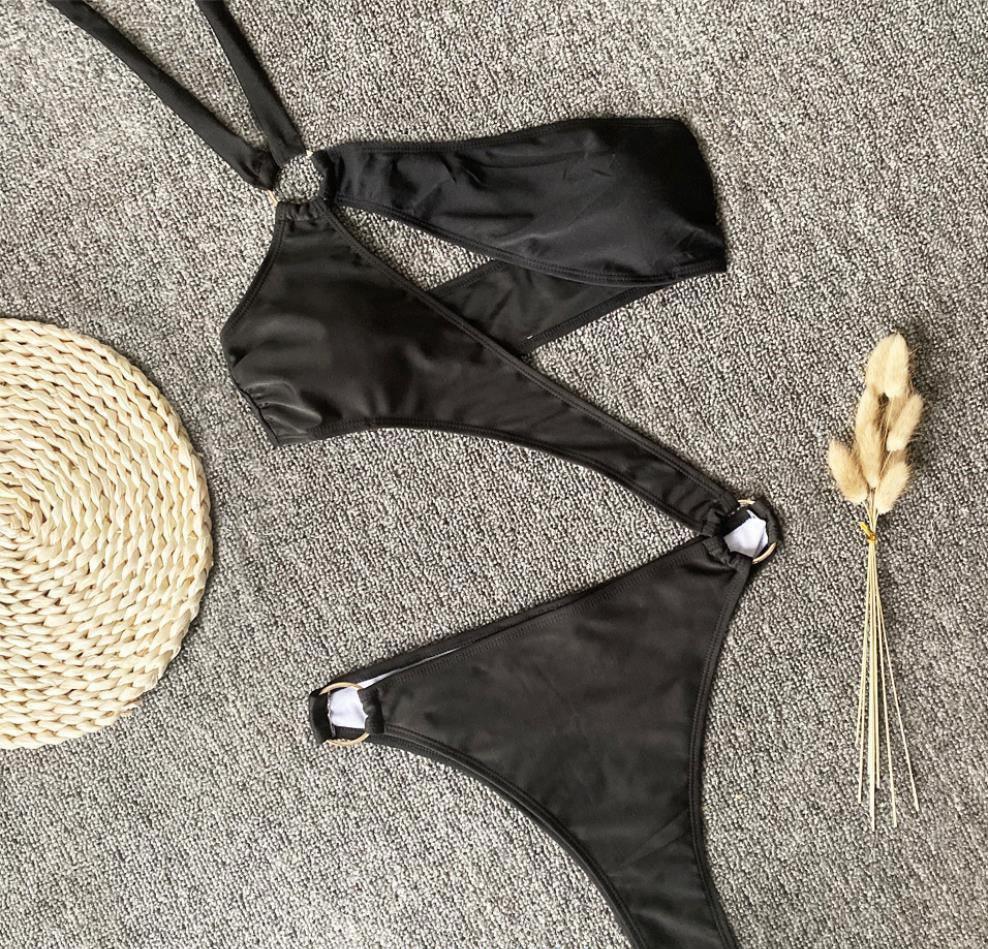 Fashion Women One-piece Hollow Out Bikini Solid Color Sexy Swimwear Hang Bandage Beachwear Cup Swimsuits - melvincucci