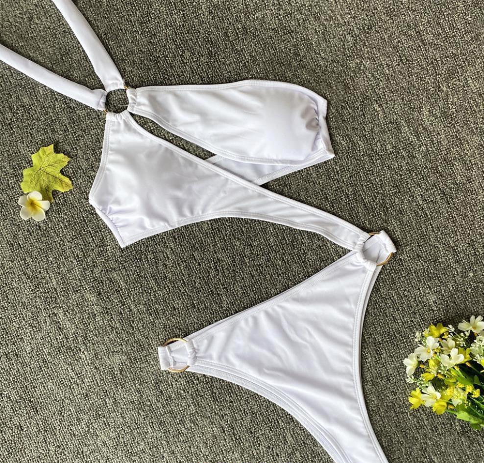 Fashion Women One-piece Hollow Out Bikini Solid Color Sexy Swimwear Hang Bandage Beachwear Cup Swimsuits - melvincucci