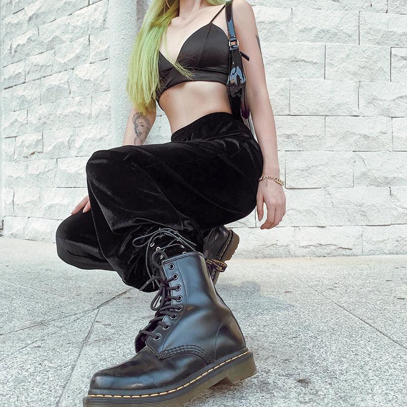 Fashionable velvet strappy harem pants - melvincucci