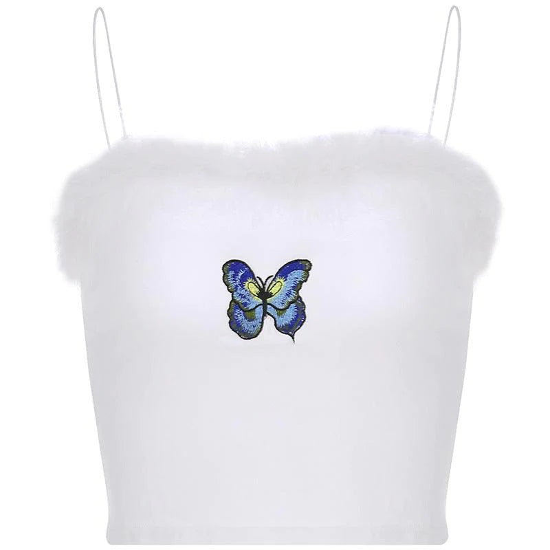 Feather Patchwork Cute Harajuku Crop Top Women Colorful Butterfly Appliques Sweet Spaghetti Strap Cami Top - melvincucci
