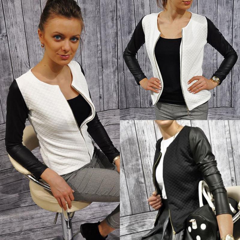 Female Outwear PU Leather Patchwork Spring Autumn Plaid Women Thin Coats Short Jackets Casual Slim Blazers Suit Cardigans - melvincucci