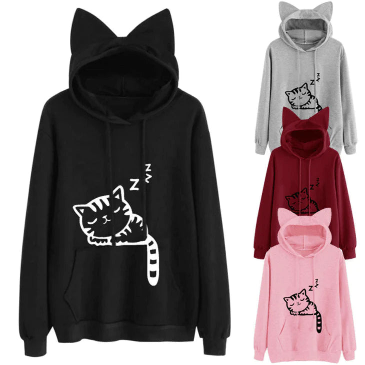 Female Women Casual Hoodies Sweatshirt Long Sleeve Hoody Cute Ears Printed Hoodies Tracksuit outerwear Sweatshirt - melvincucci