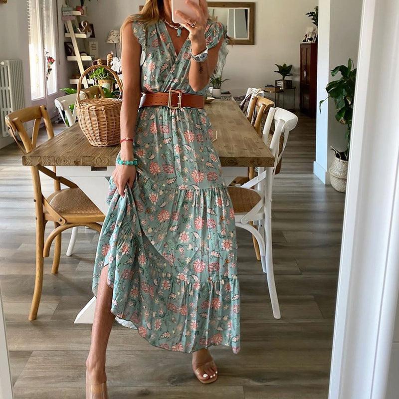 Floral skirt V-neck dress women - melvincucci