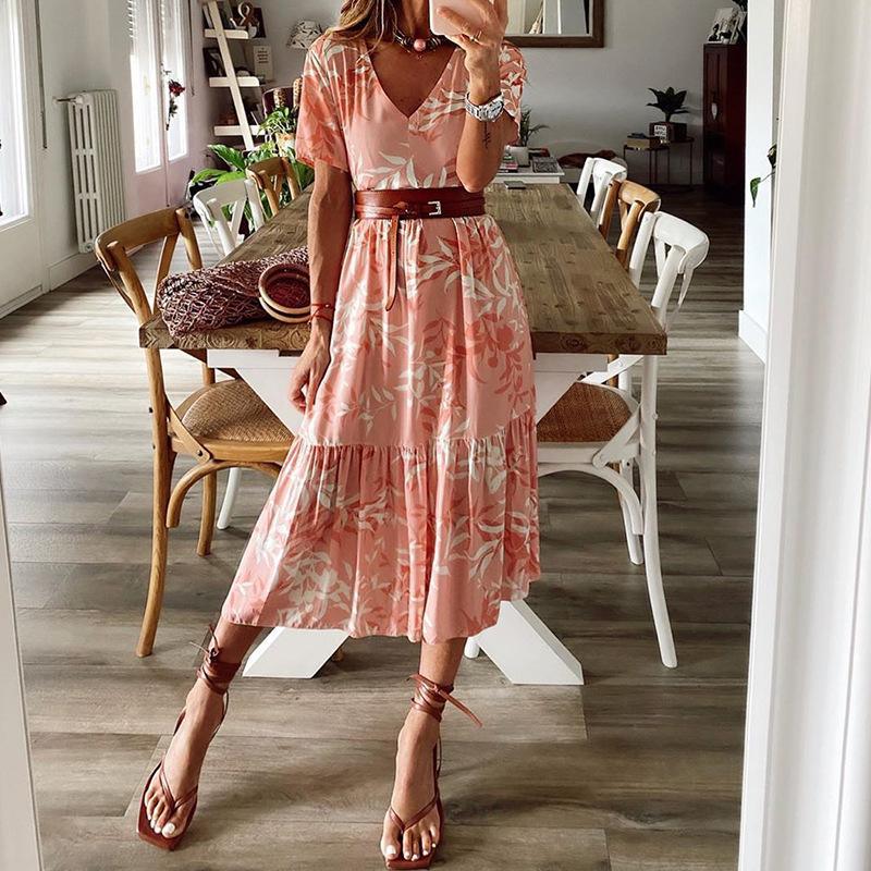 Floral skirt V-neck dress women - melvincucci