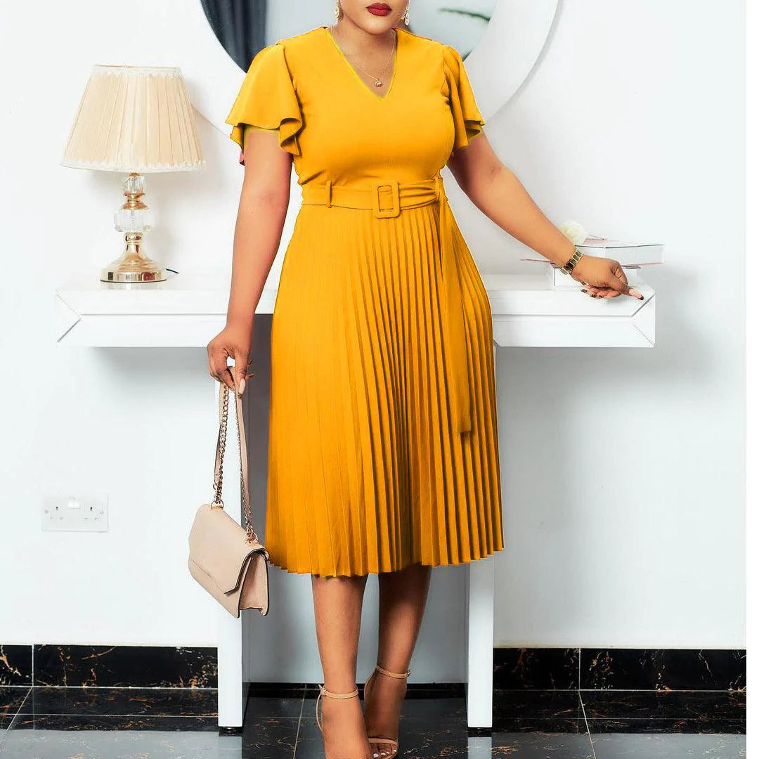 Foreign Trade V-neck Lotus Leaf Sleeve Cross-border Large Size Pleated Dress African Mother Dress - melvincucci