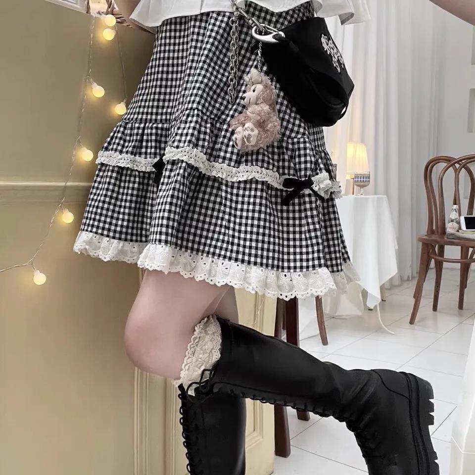 French Lace Bowknot Plaid Tutu Skirt Women - melvincucci