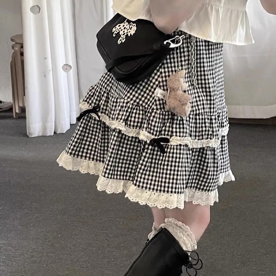 French Lace Bowknot Plaid Tutu Skirt Women - melvincucci