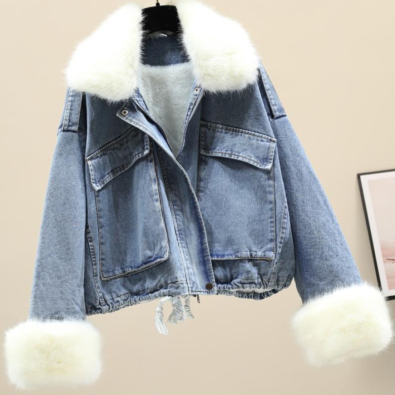 Furry Collar Denim Pie Overcoming Loose Plus Fleece Jacket Women - melvincucci
