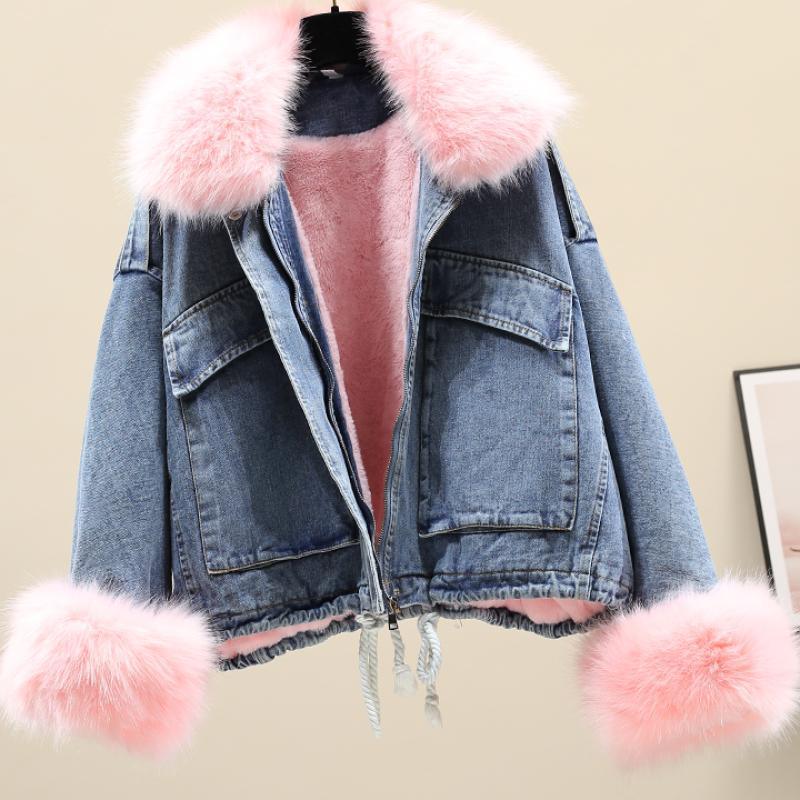 Furry Collar Denim Pie Overcoming Loose Plus Fleece Jacket Women - melvincucci