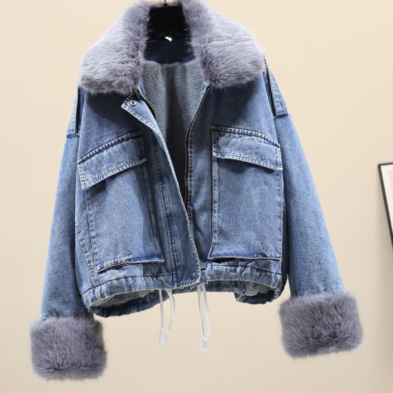 Furry Collar Denim Pie Overcoming Loose Plus Fleece Jacket Women - melvincucci