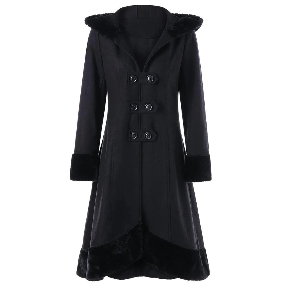 Furry collar hooded woolen big swing trench coat - melvincucci