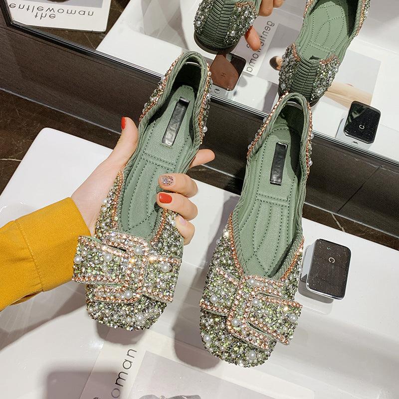 Gentle Flat Rhinestone Single Shoe New Fairy Pearl - melvincucci
