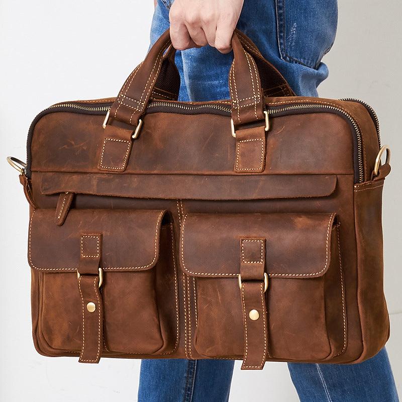 Genuine men''s bags retro men''s business bags briefcase cowhide oblique Bag 15.6 inch Laptop Bag - melvincucci