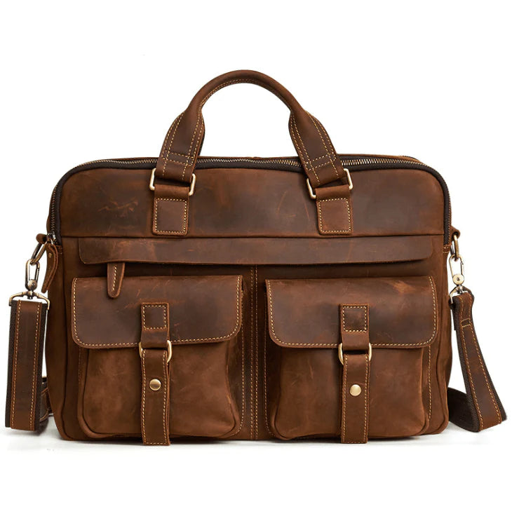 Genuine men''s bags retro men''s business bags briefcase cowhide oblique Bag 15.6 inch Laptop Bag - melvincucci