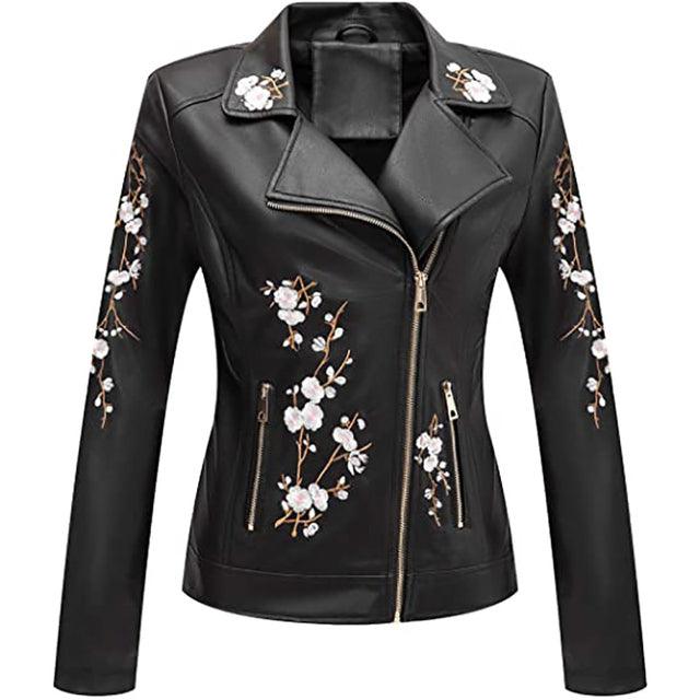 Giolshon Autumn Flowers Embroidery PU Leather Jacket Women - melvincucci