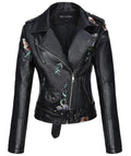 Giolshon Autumn Flowers Embroidery PU Leather Jacket Women - melvincucci