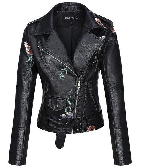 Giolshon Autumn Flowers Embroidery PU Leather Jacket Women - melvincucci