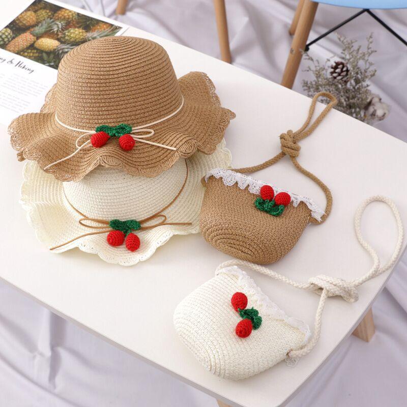 Girl Cherry Straw Hat Bag Set Princess Hat Beach Hat Sun Hat - melvincucci