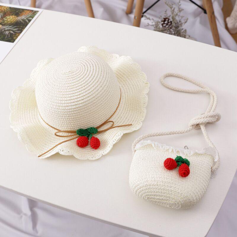 Girl Cherry Straw Hat Bag Set Princess Hat Beach Hat Sun Hat - melvincucci